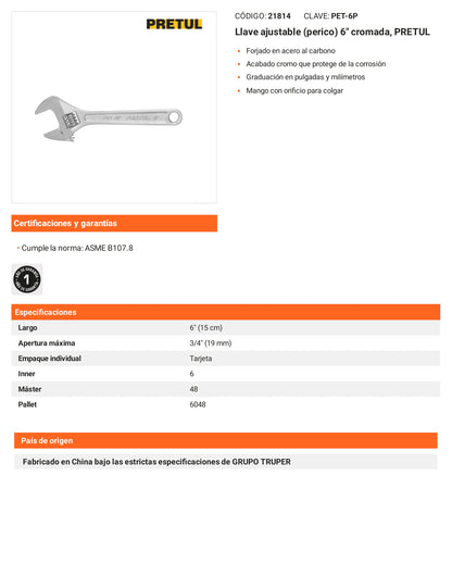 Ficha tecnica - Llave ajustable (perico) 6 pulg cromada - SKU 21814