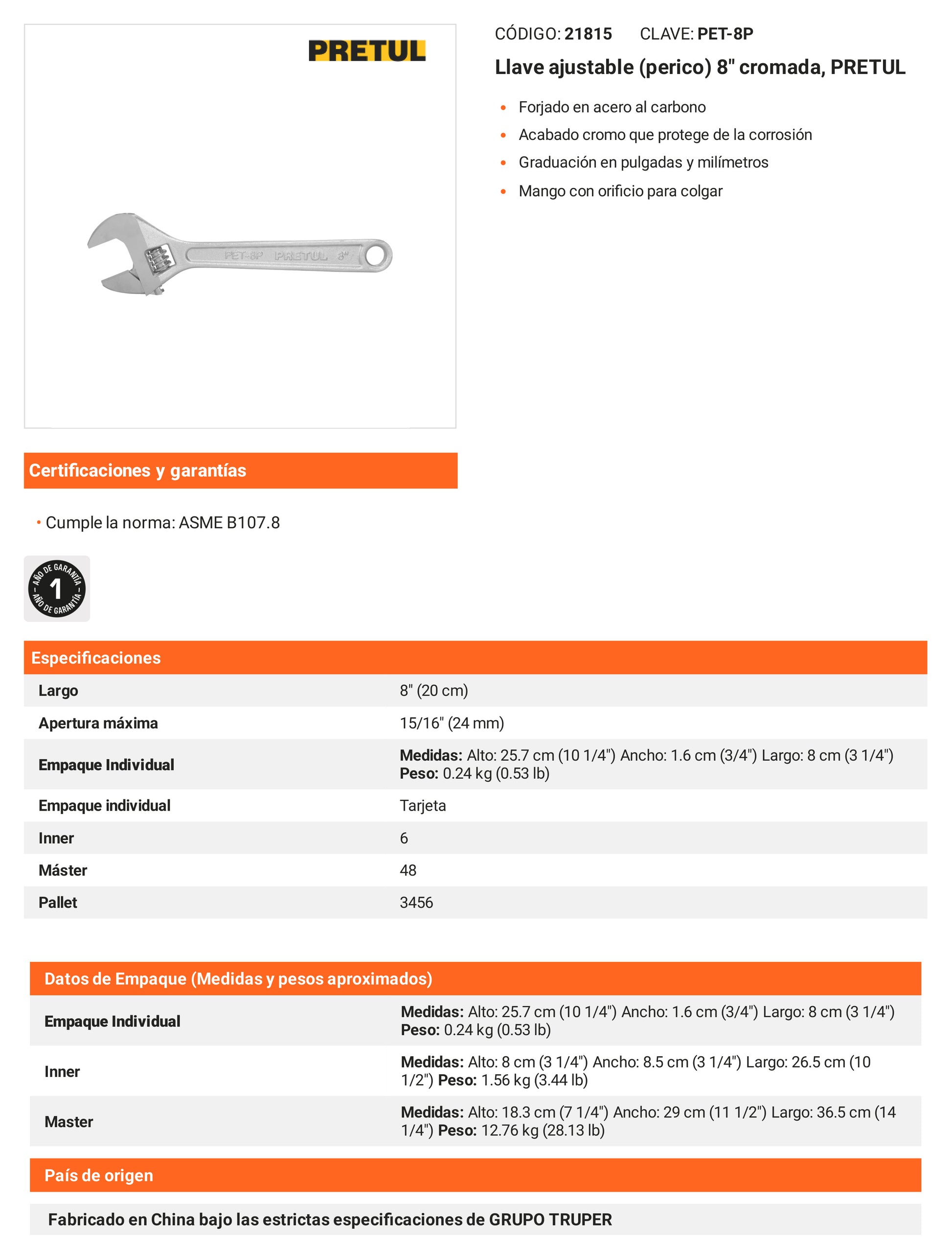 Ficha tecnica - Llave ajustable (perico) 8 pulg cromada - SKU 21815