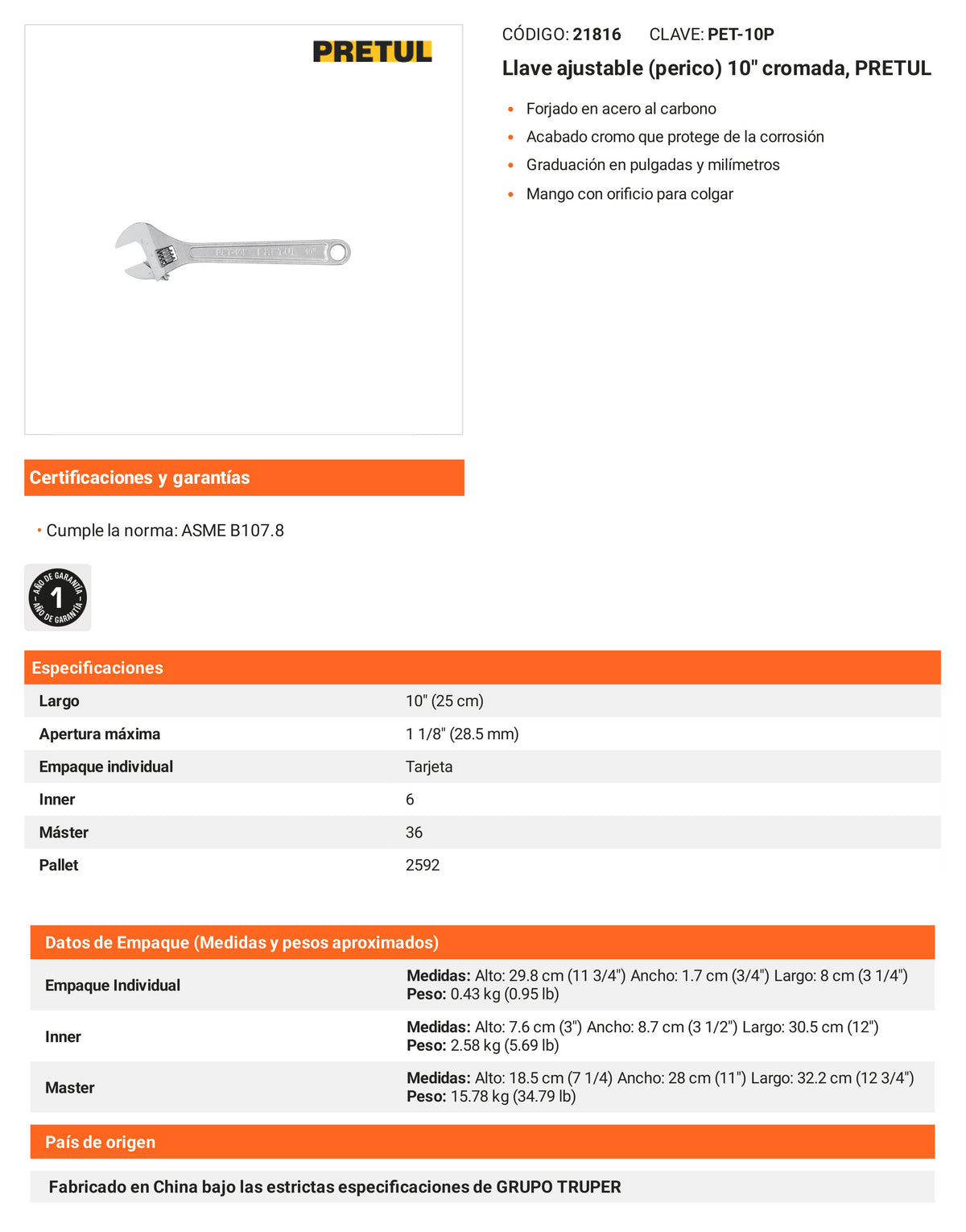 Ficha tecnica - Llave ajustable (perico) 10 pulg cromada - SKU 21816