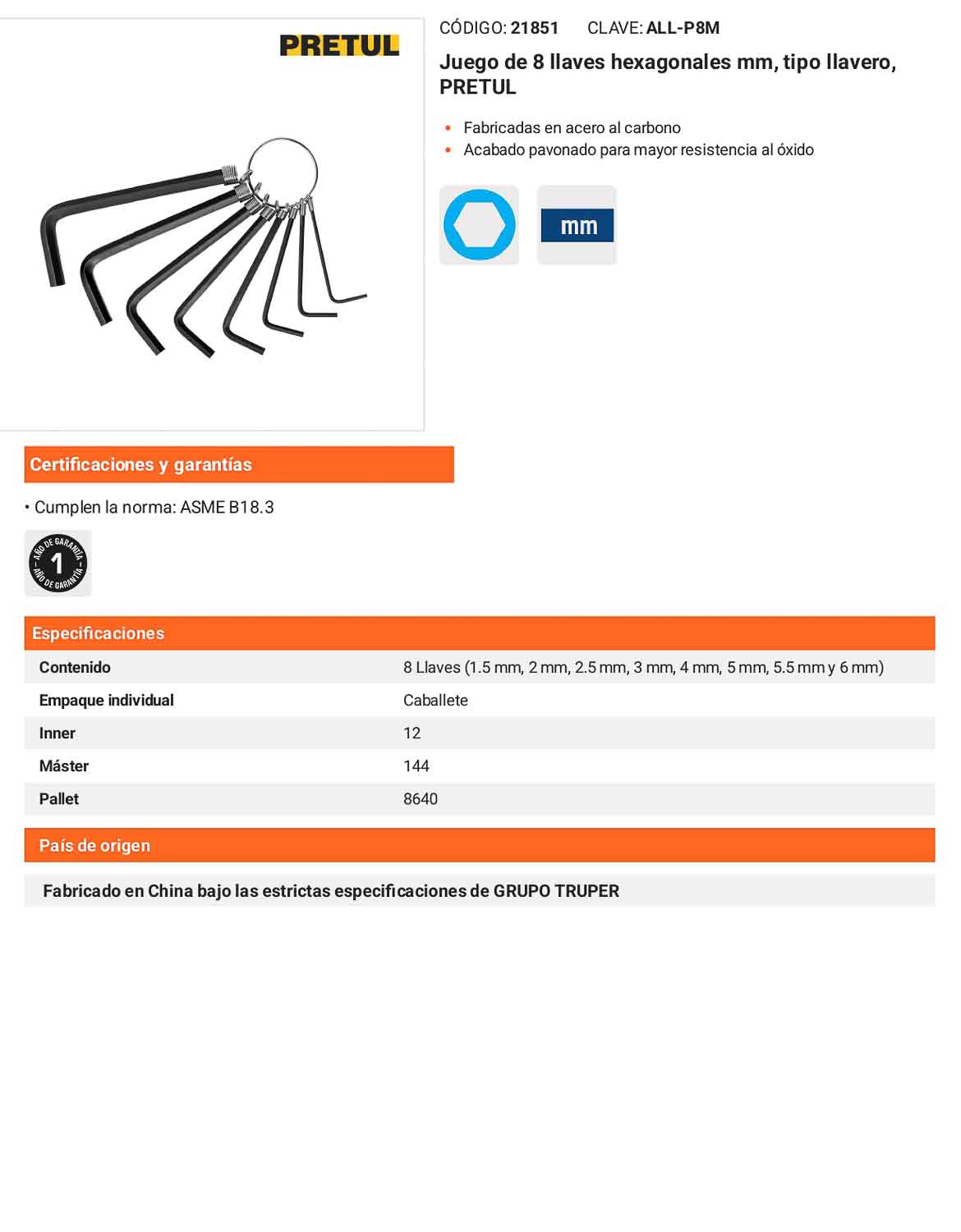 Juego 8 llaves hexagonales mm tipo llavero