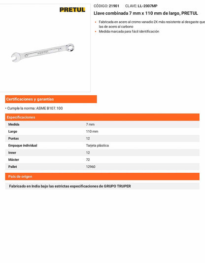 Llave combinada 7 mm con 12 puntas