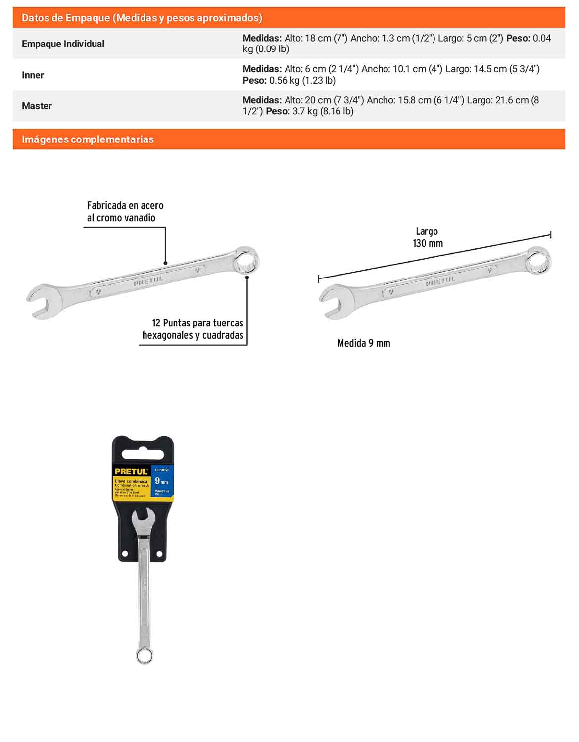 Llave combinada 9 mm con 12 puntas