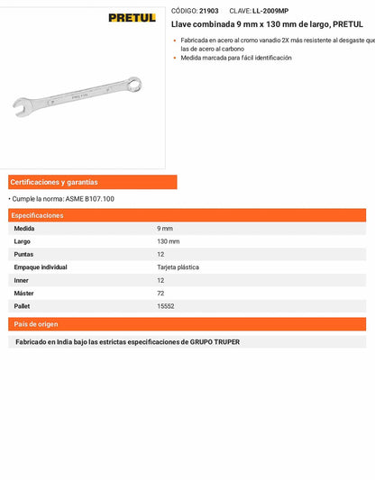 Llave combinada 9 mm con 12 puntas