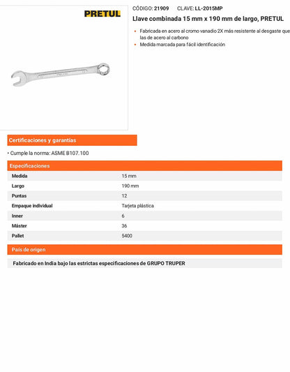 Llave combinada 15 mm con 12 puntas