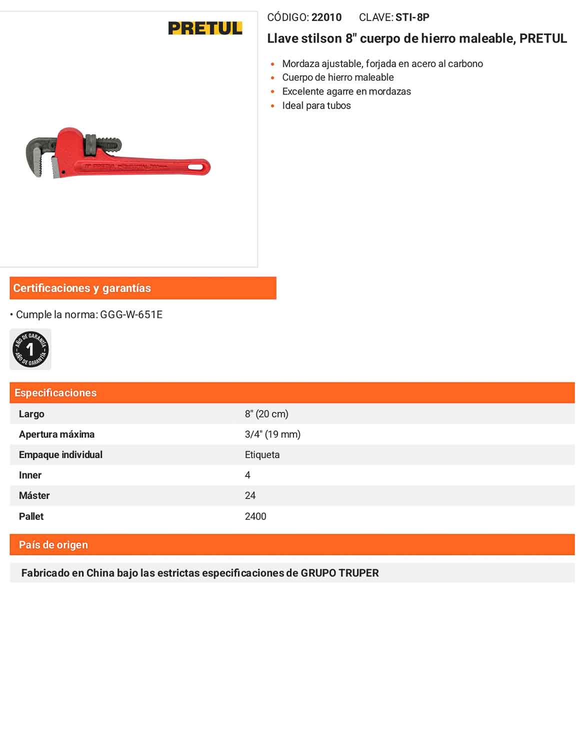 Llave stilson 8 pulg de hierro maleable