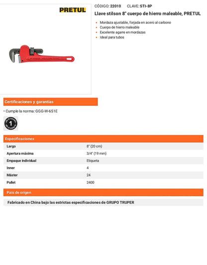 Llave stilson 8 pulg de hierro maleable