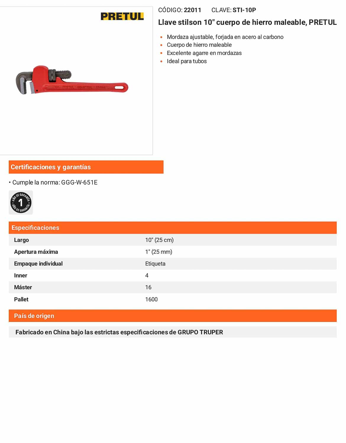 Llave stilson 10 pulg de hierro maleable
