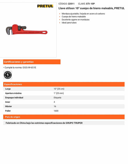 Llave stilson 10 pulg de hierro maleable