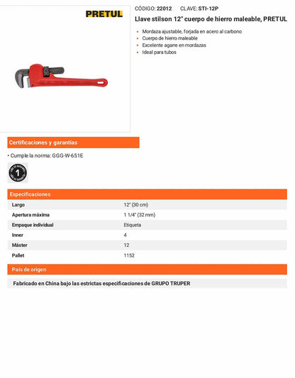 Llave stilson 12 pulg de hierro maleable