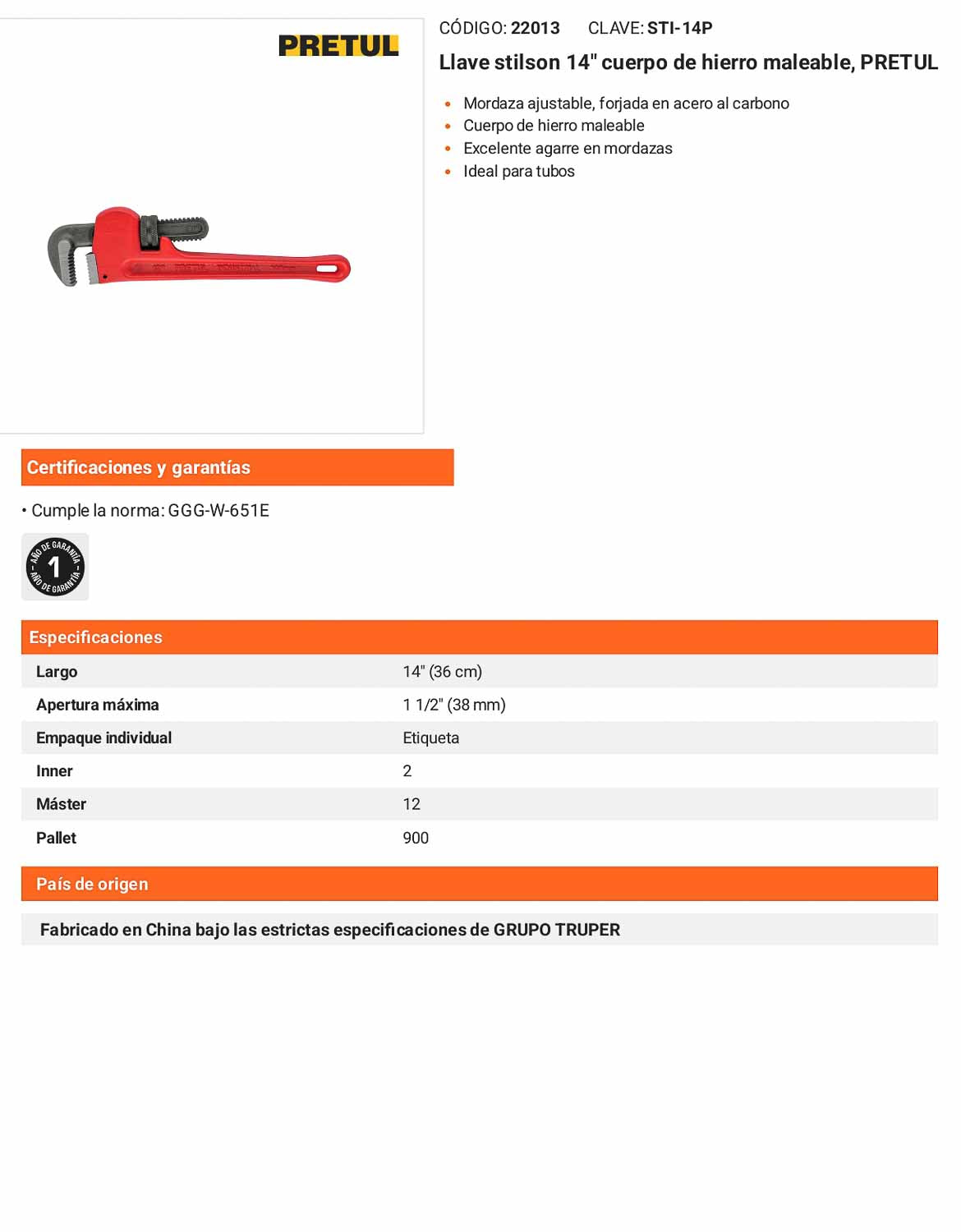 Llave stilson 14 pulg de hierro maleable