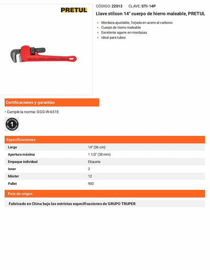 Llave stilson 14 pulg de hierro maleable