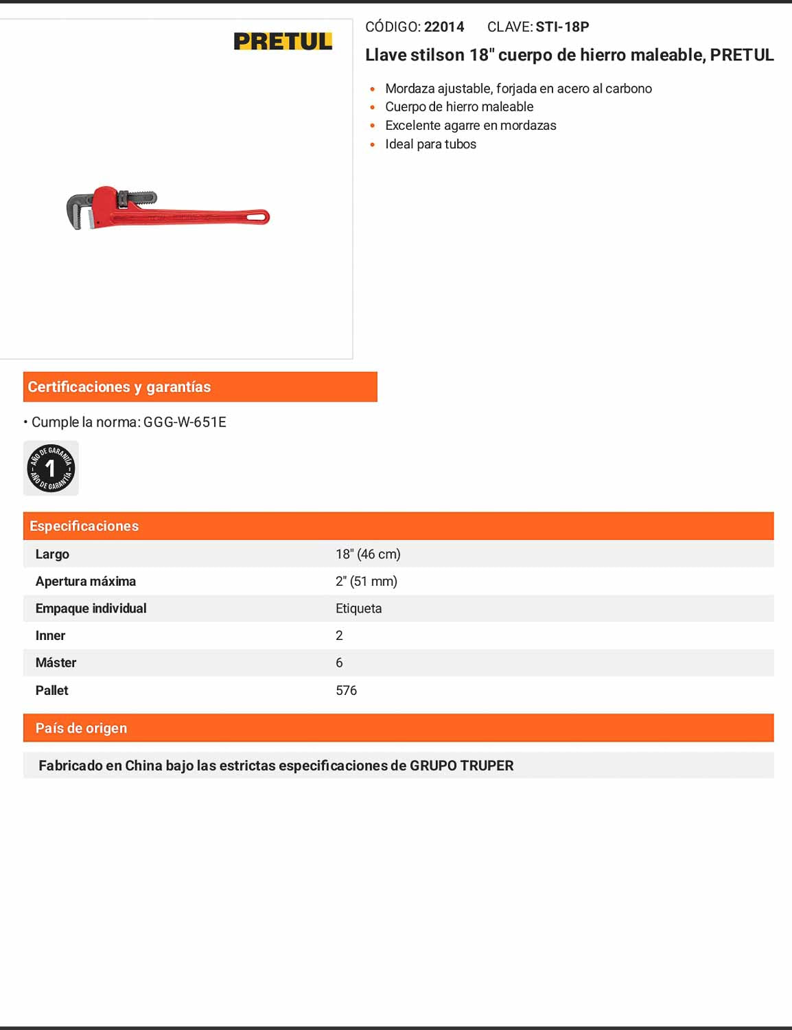 Llave stilson 18 pulg de hierro maleable