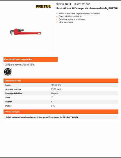 Llave stilson 18 pulg de hierro maleable