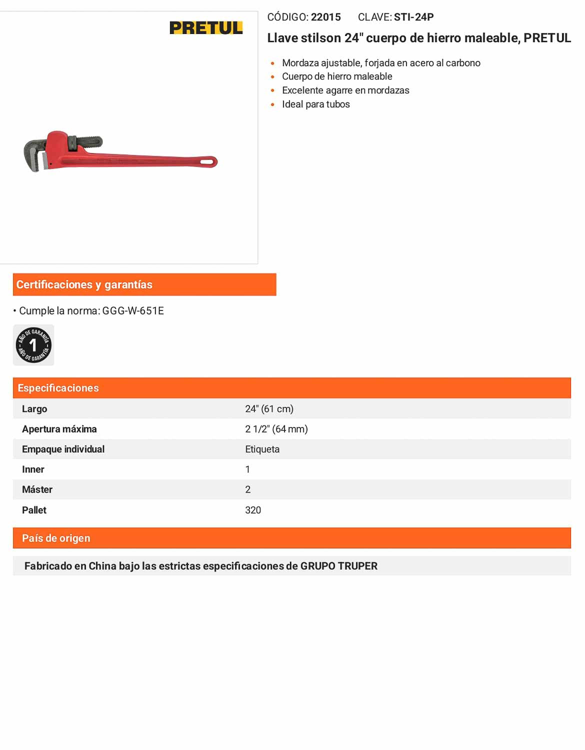 Llave stilson 24 pulg de hierro maleable