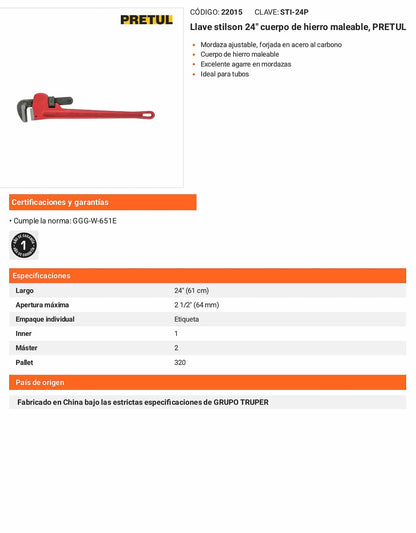 Llave stilson 24 pulg de hierro maleable