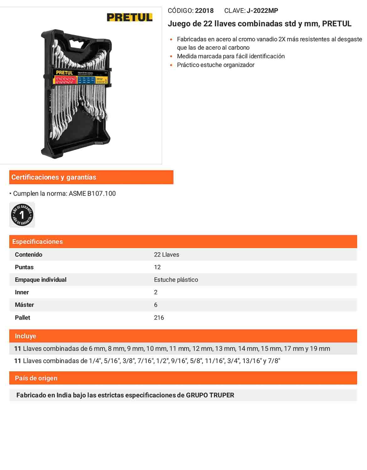 Juego de 22 llaves combinadas std y mm