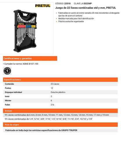 Juego de 22 llaves combinadas std y mm