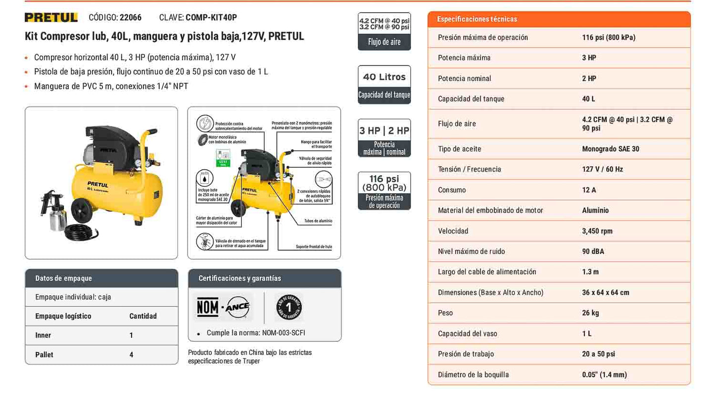 Kit compresor 40 L manguera y pistola