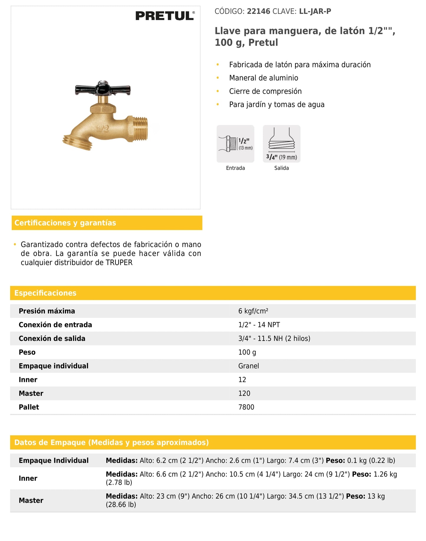Llave para manguera de latón 1/2" 100 g
