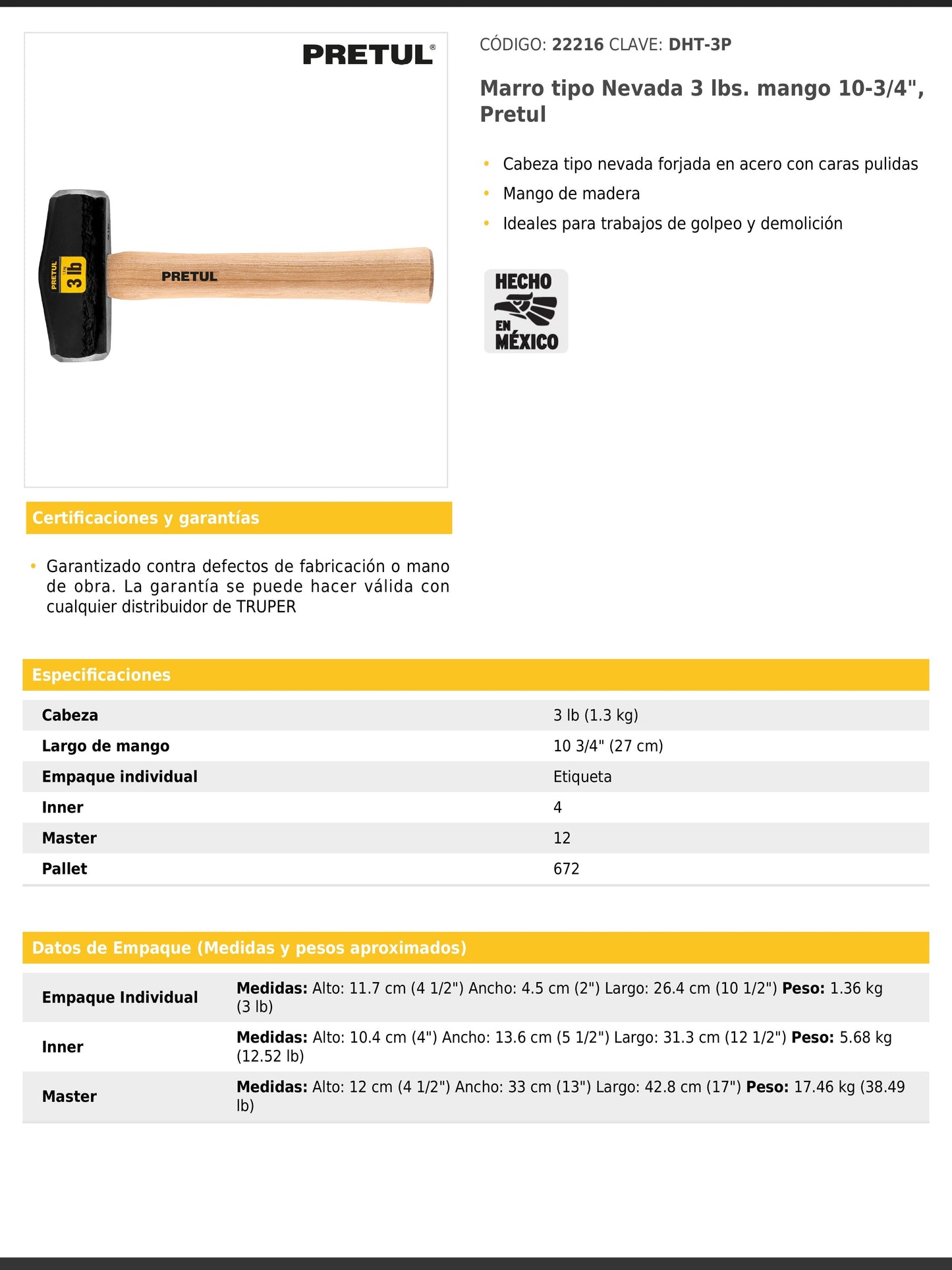 Marro tipo Nevada de 3 libras con mango de 27 cm