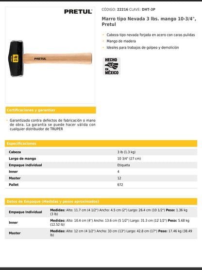 Marro tipo Nevada de 3 libras con mango de 27 cm