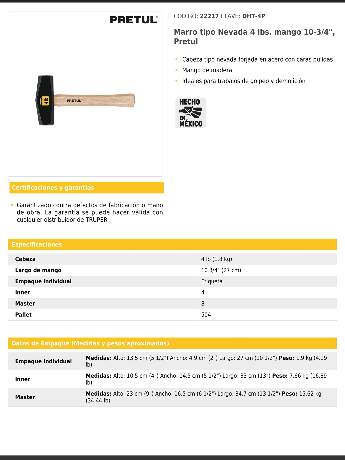 Marro tipo Nevada de 4 libras con mango de 27 cm