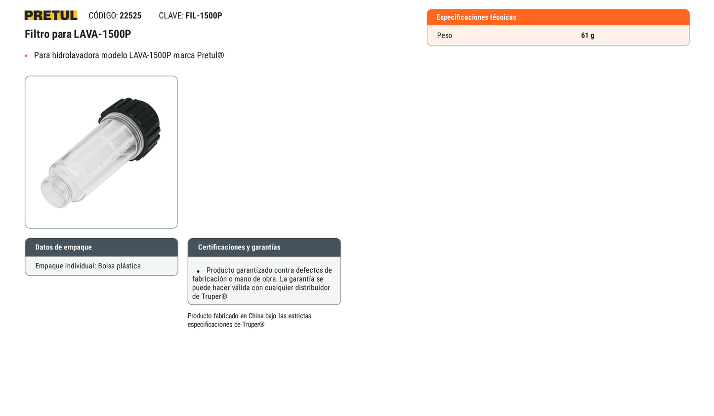 Ficha tecnica - Filtro para LAVA-1500P - SKU 22525
