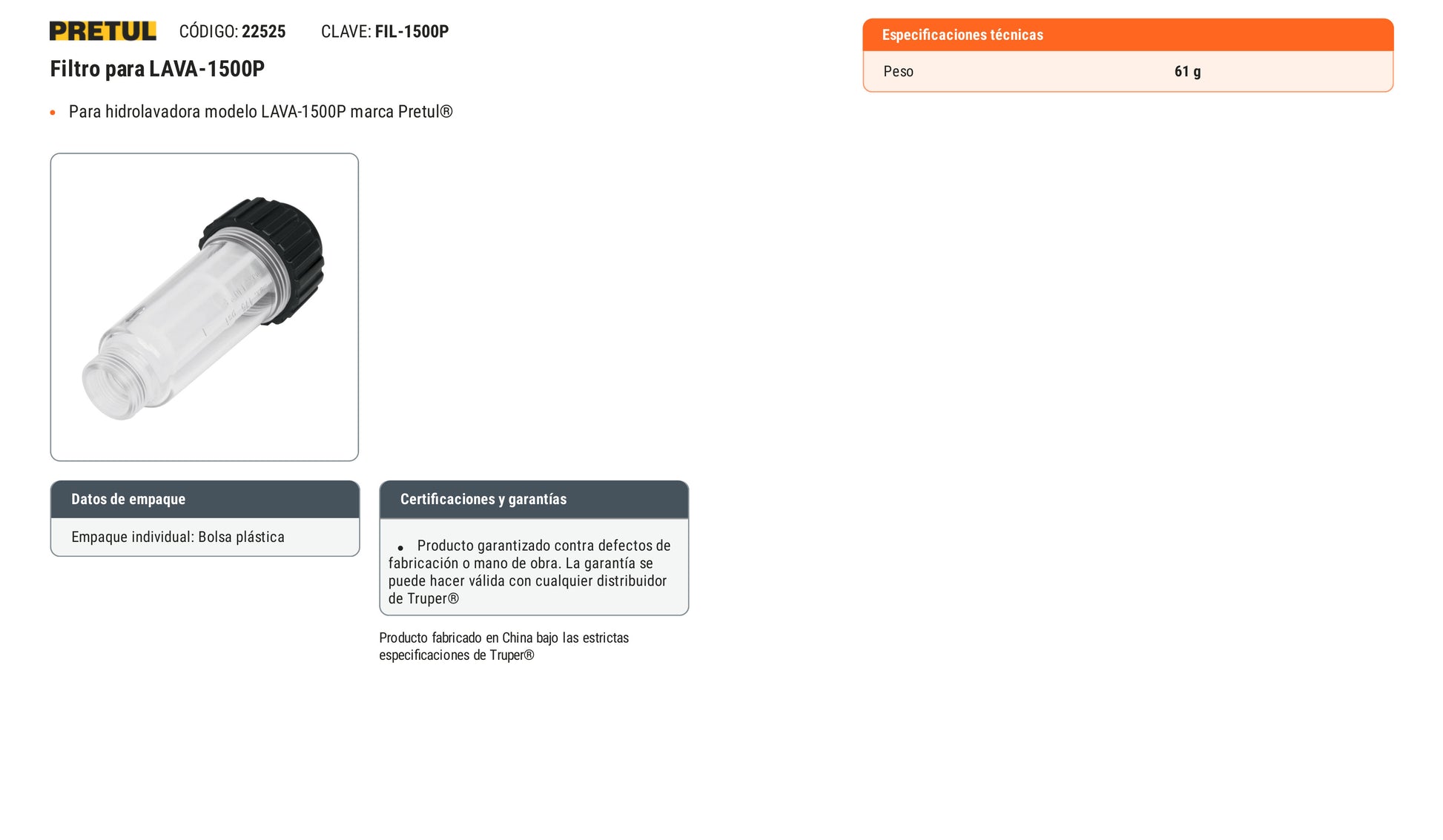 Ficha tecnica - Filtro para LAVA-1500P - SKU 22525