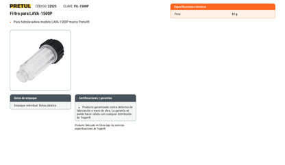Ficha tecnica - Filtro para LAVA-1500P - SKU 22525