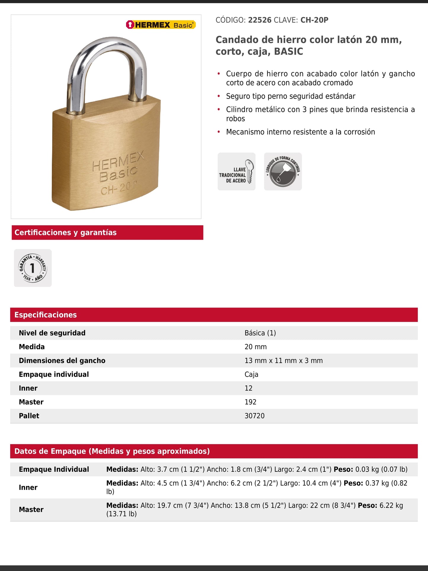 Candado de hierro de 20 mm con gancho corto