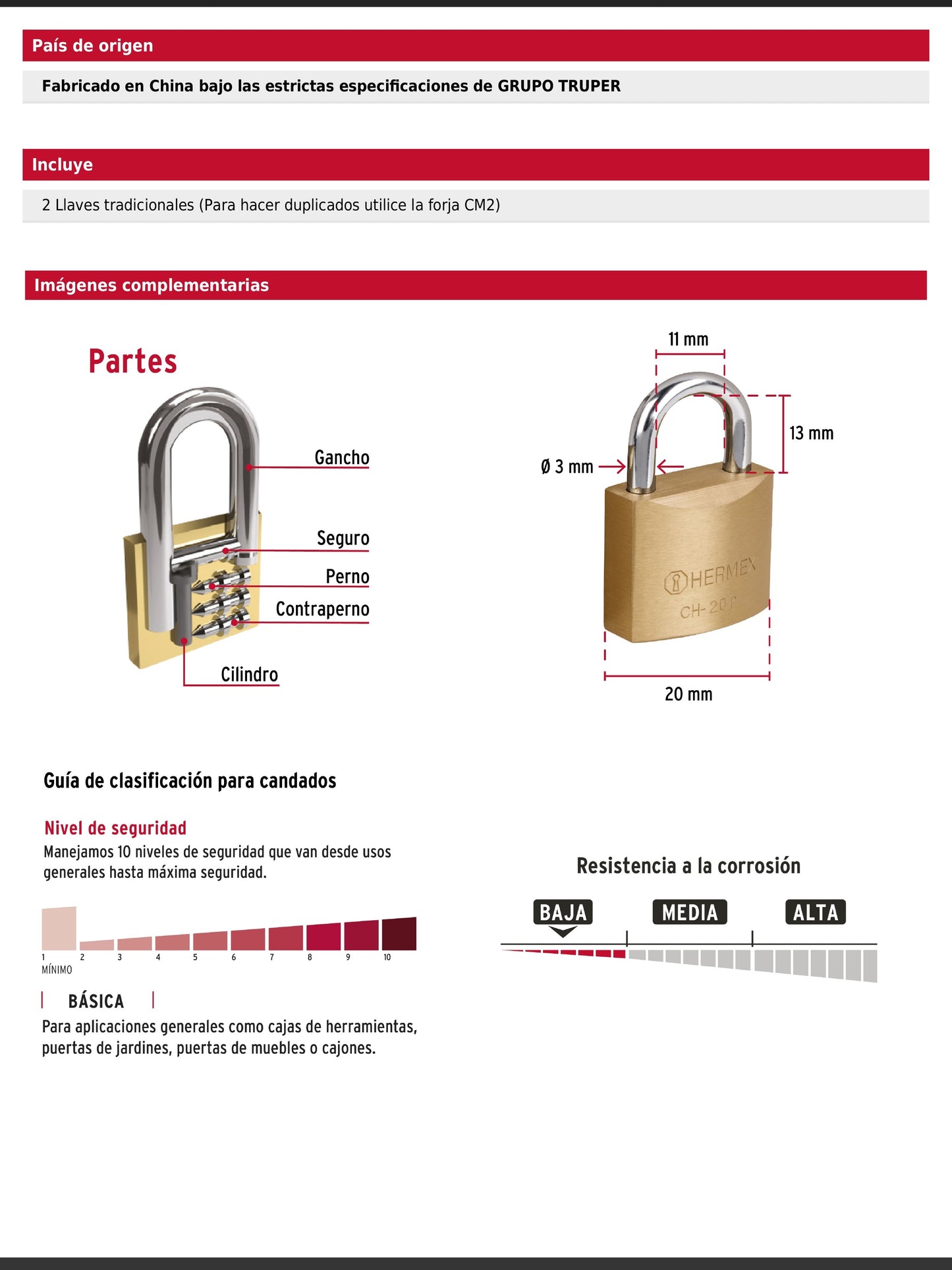 Candado de hierro de 20 mm con gancho corto