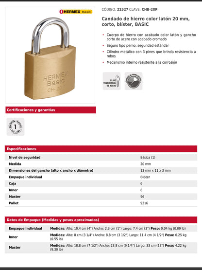 Candado de hierro de 20 mm con gancho corto