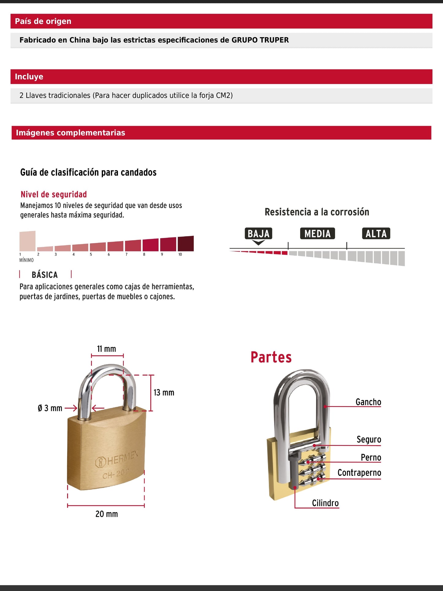 Candado de hierro de 20 mm con gancho corto