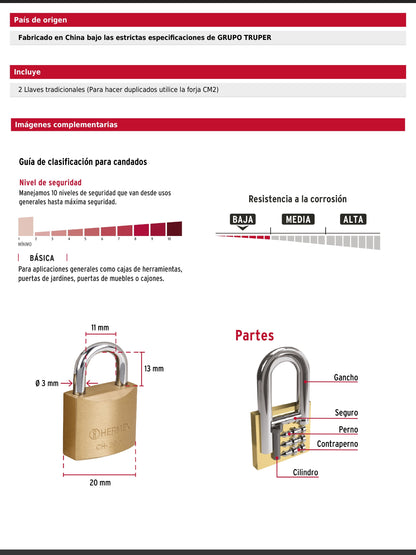Candado de hierro de 20 mm con gancho corto