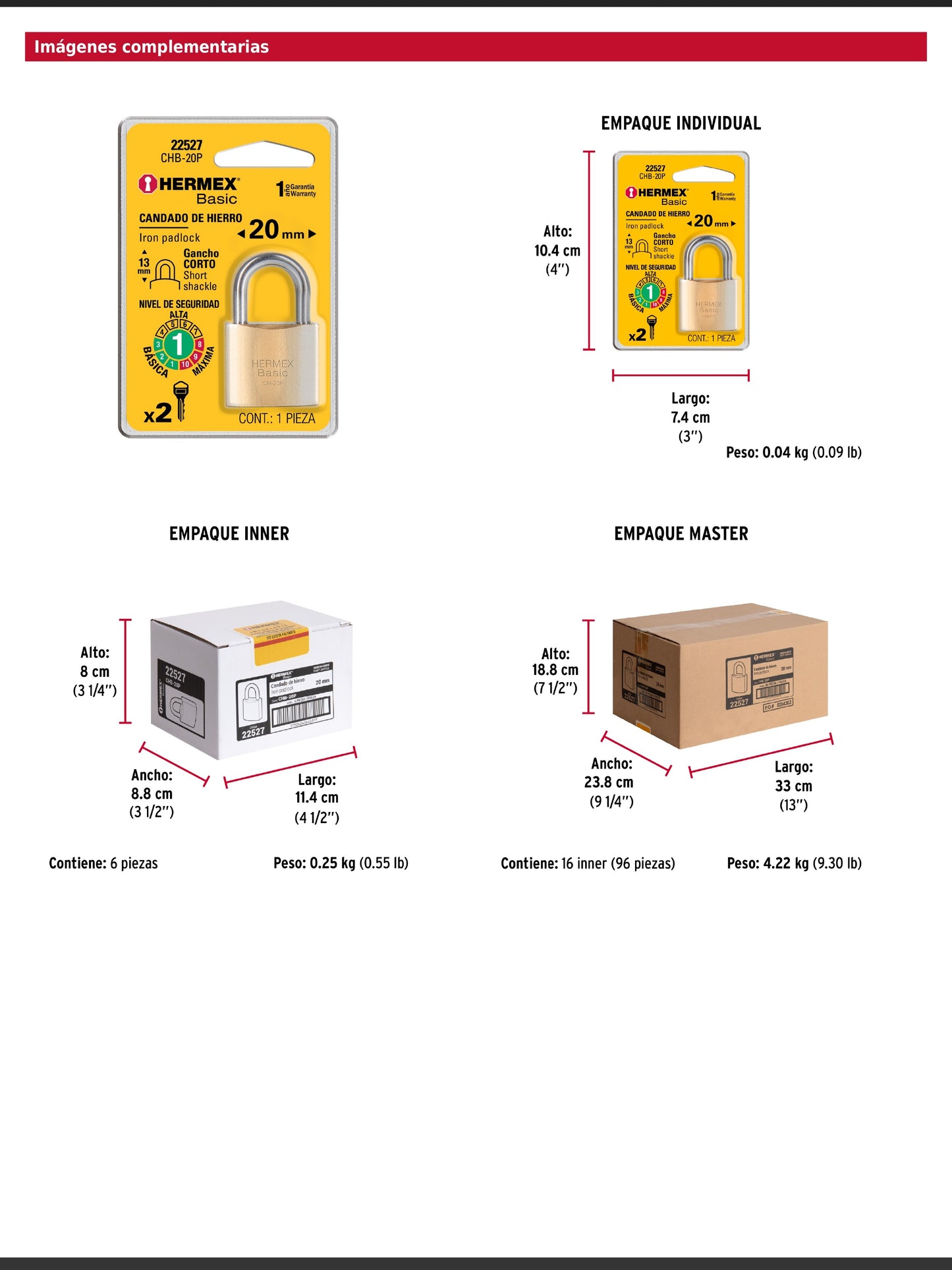 Candado de hierro de 20 mm con gancho corto