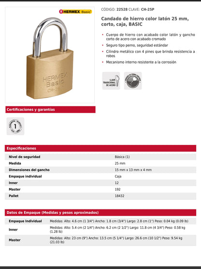 Candado de hierro de 25 mm con gancho corto