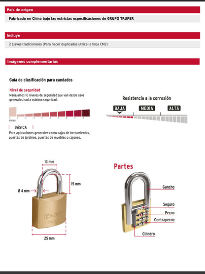 Candado de hierro de 25 mm con gancho corto