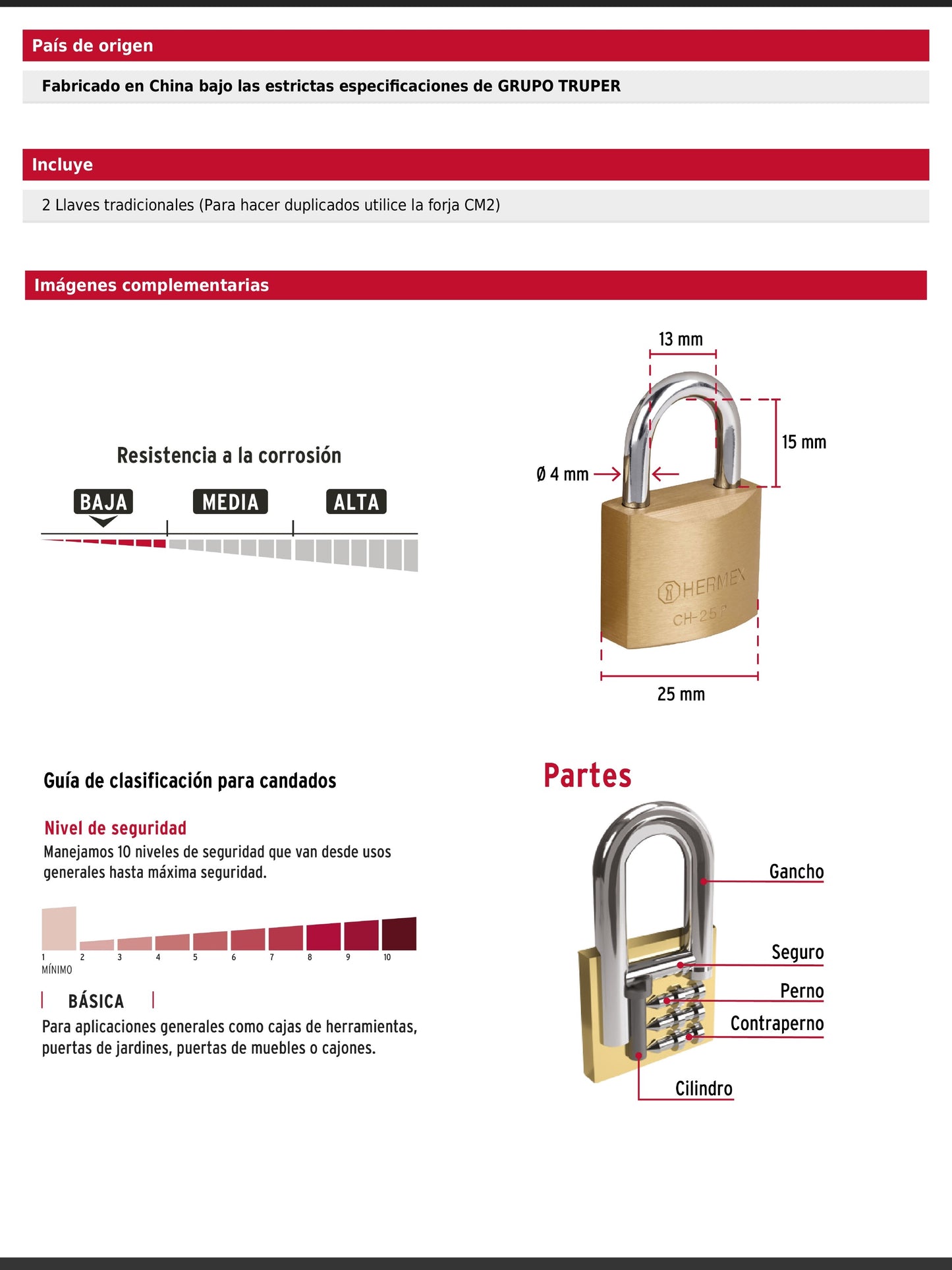 Candado de hierro de 25 mm con gancho corto
