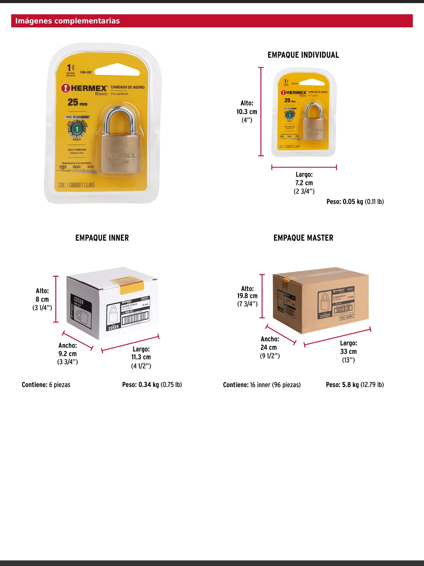 Candado de hierro de 25 mm con gancho corto