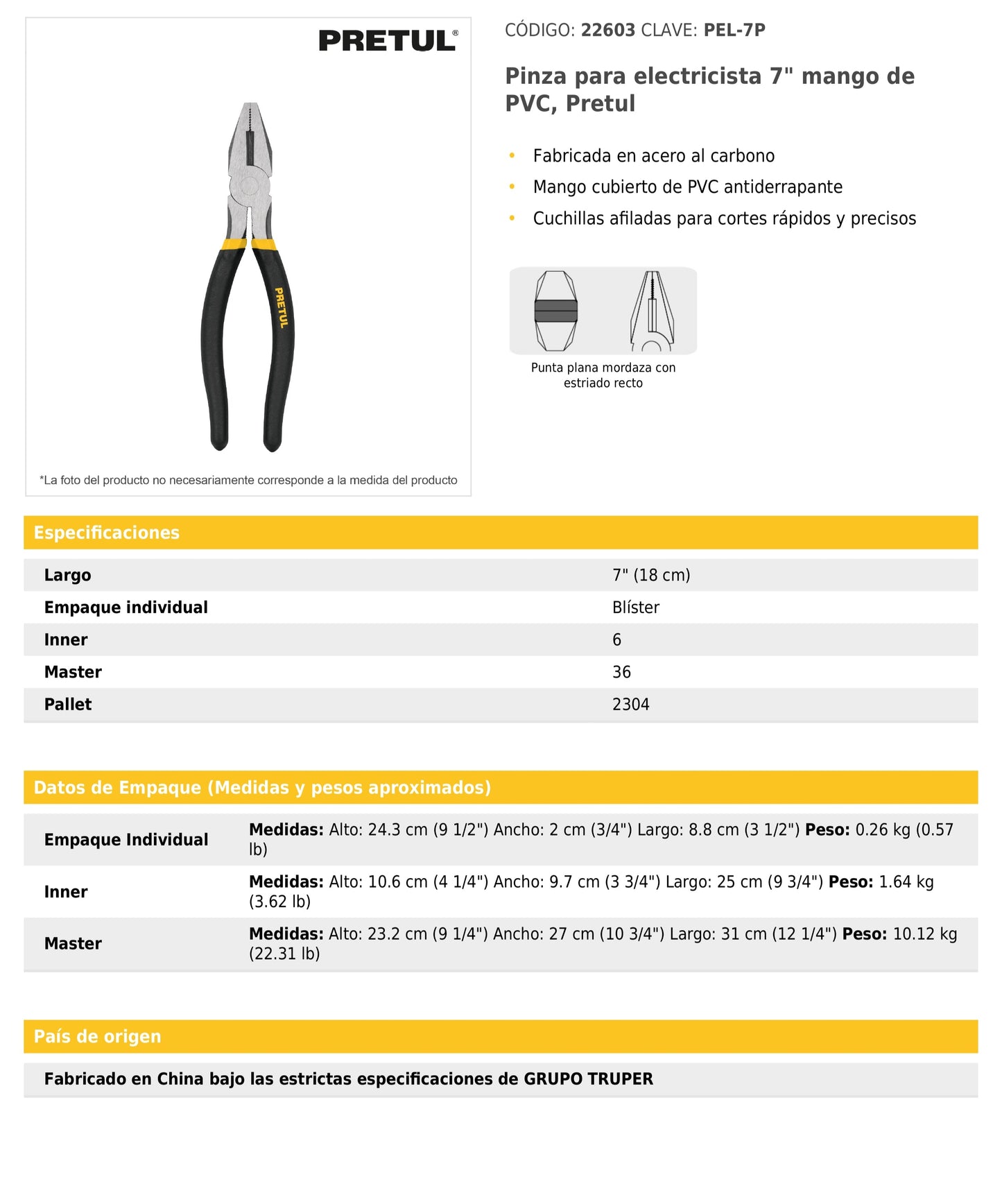 Pinza para electricista 7" mango de PVC