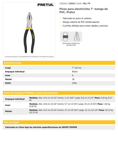 Pinza para electricista 7" mango de PVC