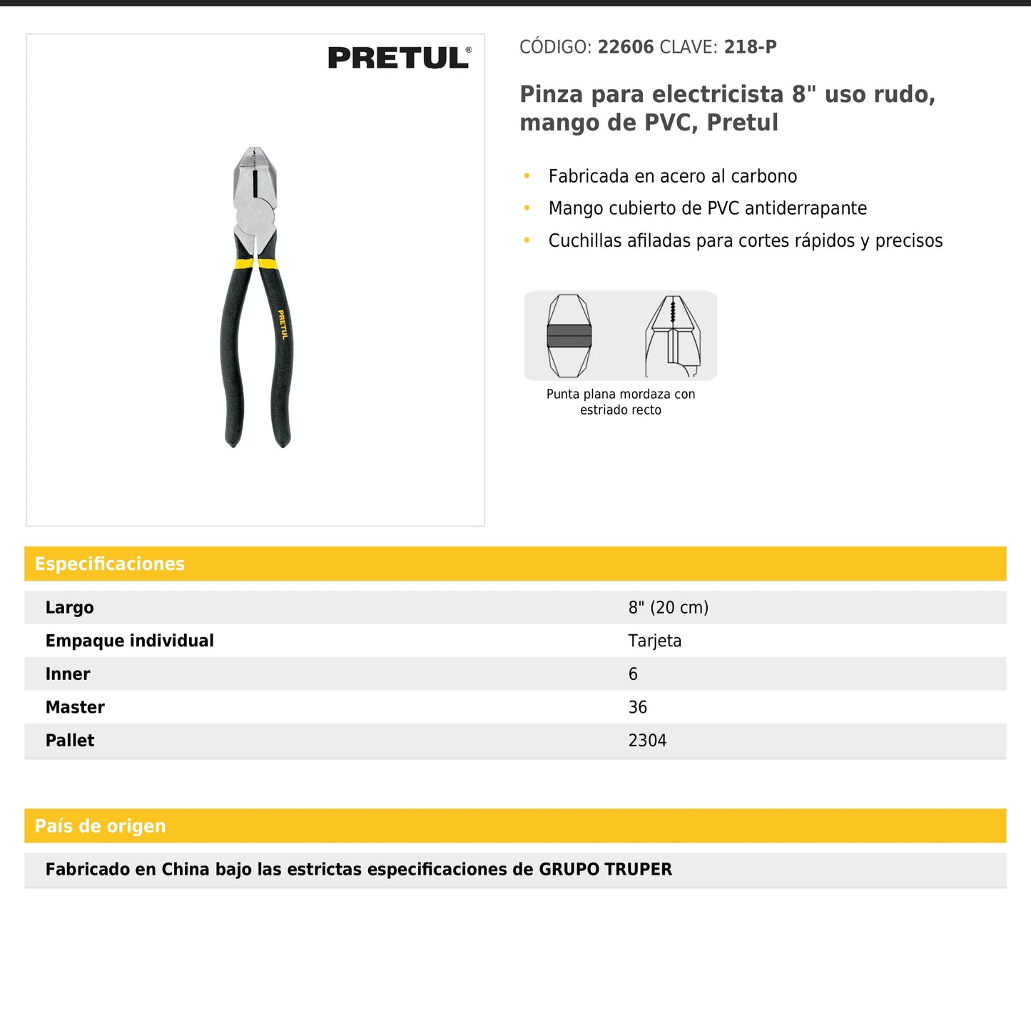 Pinza para electricista 8" uso rudo mango de PVC