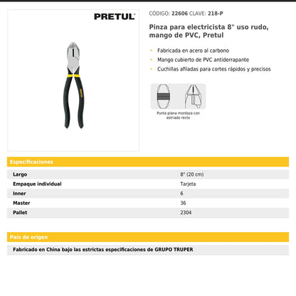 Pinza para electricista 8" uso rudo mango de PVC