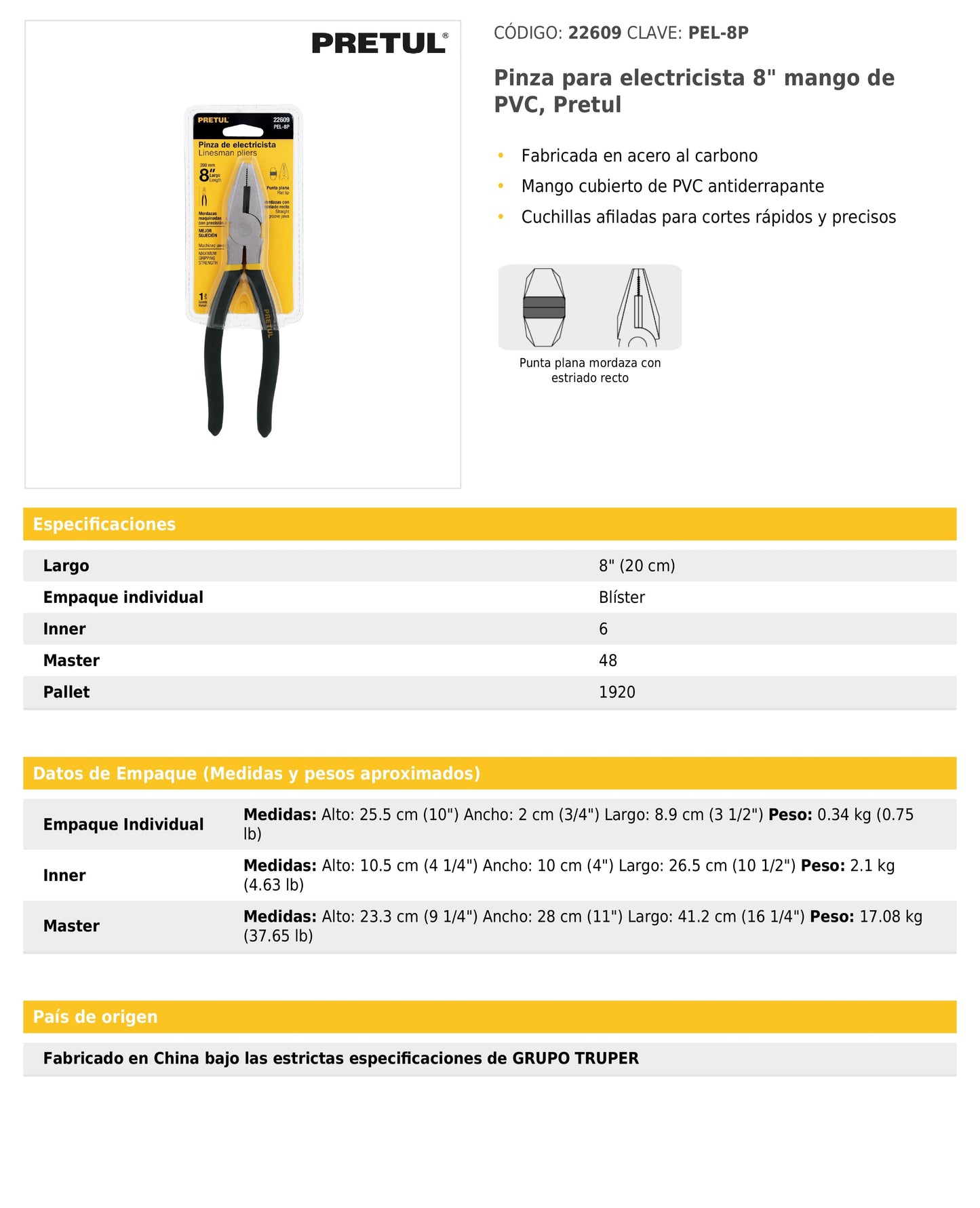 Pinza para electricista 8" mango de PVC