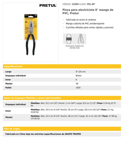 Pinza para electricista 8" mango de PVC