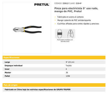 Pinza para electricista 9" uso rudo mango de PVC