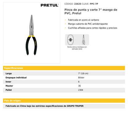 Pinza de punta y corte 7" mango de PVC