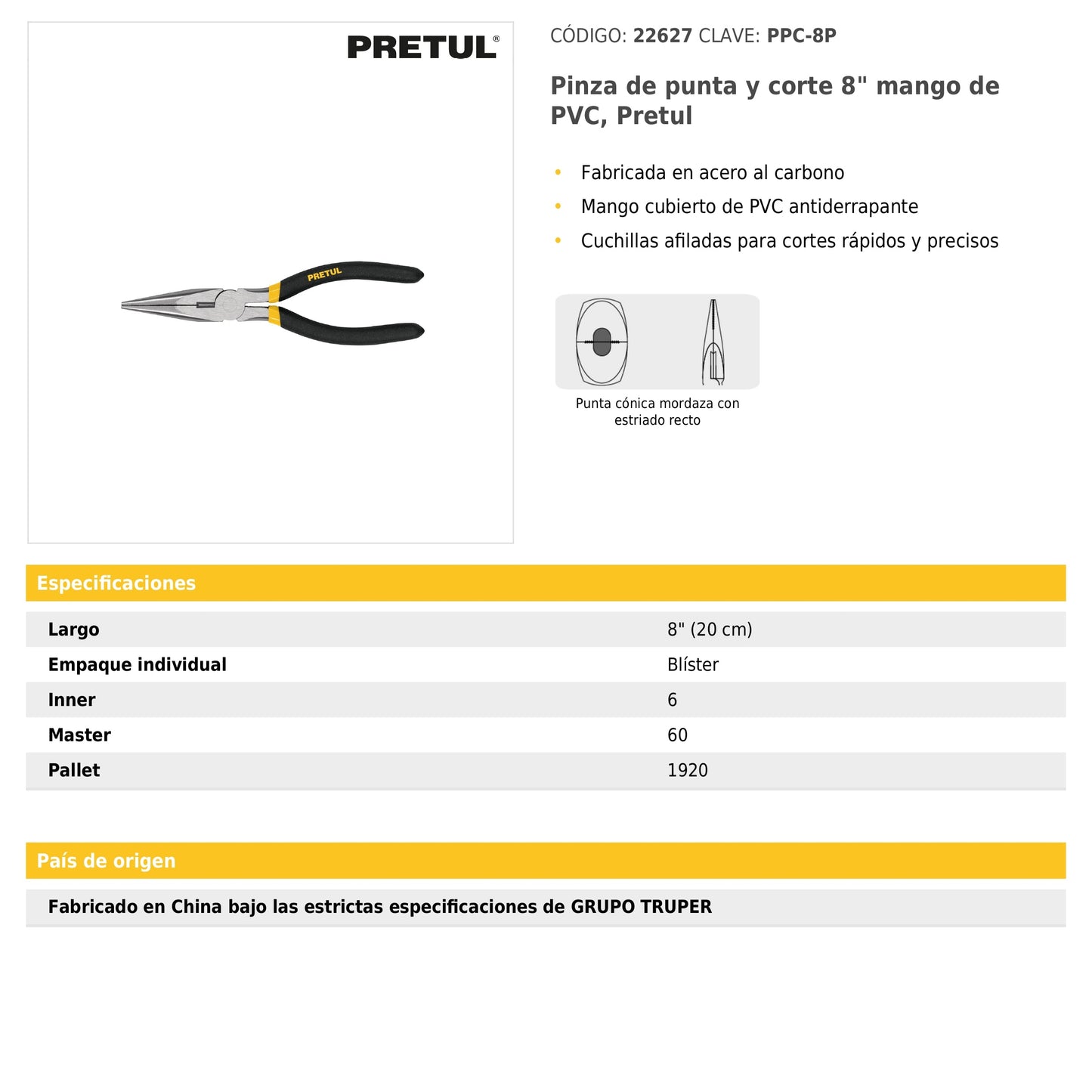 Pinza de punta y corte 8" mango de PVC