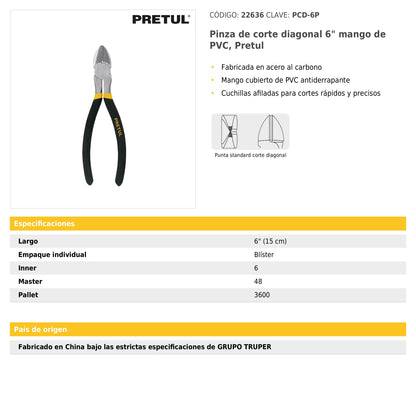 Pinza de corte diagonal 8" mango de PVC