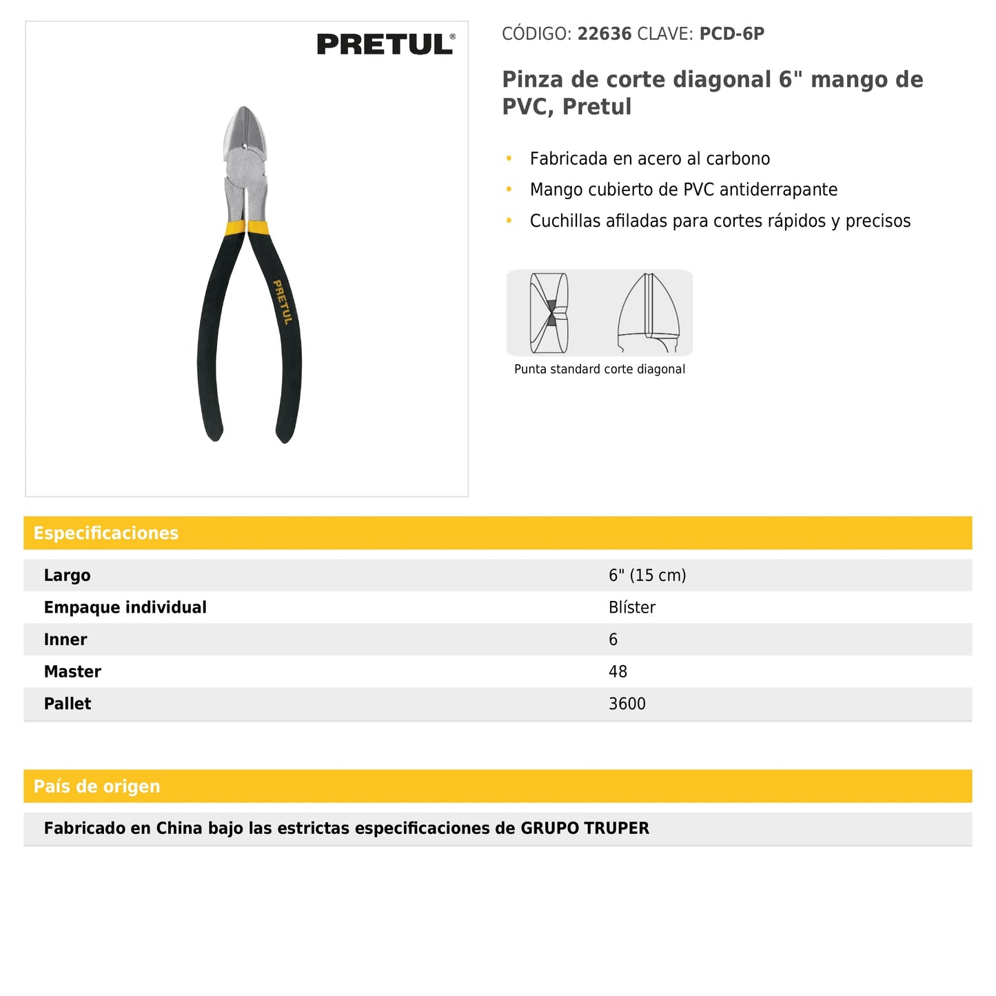 Pinza de corte diagonal 6" mango de PVC